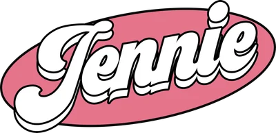 Chữ 'Jennie' viết tay màu trắng trên nền hồng oval, viền đen, phong cách retro.