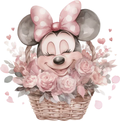 Hình ảnh Minnie Mouse hoạt hình dễ thương với nơ hồng, đang cười trong giỏ hoa hồng pastel