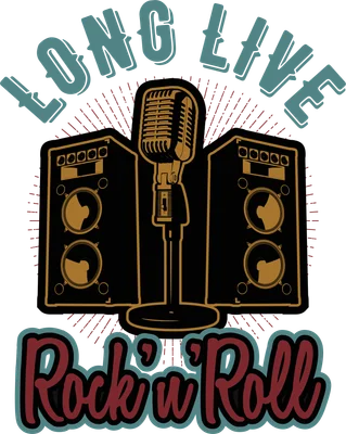 Thiết kế đồ họa micro cổ điển và loa âm thanh với dòng chữ Long Live Rock n Roll phong cách vintage
