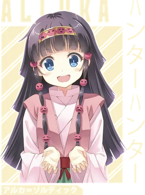Hình vẽ cô bé Alluka Zoldyck trong anime Hunter x Hunter, tóc đen dài, mắt xanh to tròn, mặc trang phục truyền thống màu hồng.