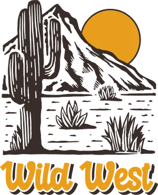 Hình minh họa phong cảnh miền Tây hoang dã với xương rồng lớn, núi, mặt trời và chữ Wild West