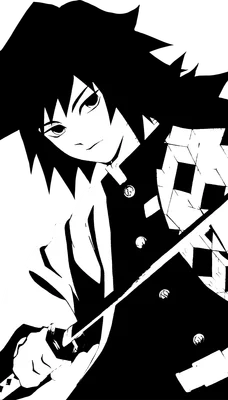Hình ảnh nhân vật anime nam với mái tóc đen, mắt sắc sảo, cầm kiếm, phong cách đồ họa đen trắng.
