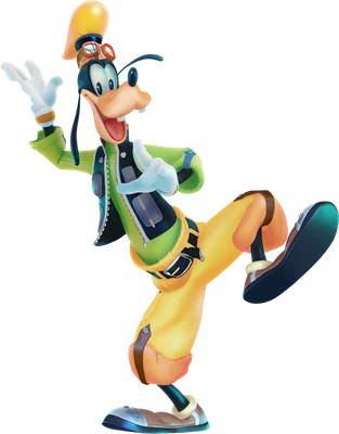 Hình ảnh nhân vật Goofy của Disney đang vui vẻ vẫy tay và nhấc chân, mặc trang phục phiêu lưu màu xanh lá và vàng.