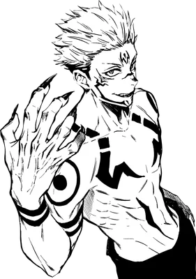 Hình vẽ đen trắng nhân vật Ryomen Sukuna từ anime Jujutsu Kaisen, với hình xăm đặc trưng và móng vuốt sắc nhọn.