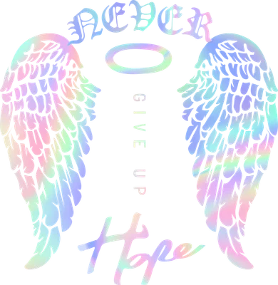 Hình in đôi cánh thiên thần màu holographic với dòng chữ Never Give Up Hope