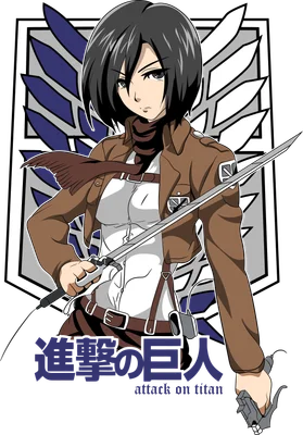 Hình ảnh Mikasa Ackerman từ Attack on Titan, mặc quân phục nâu, cầm kiếm, với biểu tượng đôi cánh phía sau.