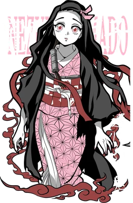 Hình ảnh Nezuko Kamado, nhân vật anime dễ thương trong trang phục kimono hồng, với mái tóc đen dài và biểu cảm ngây thơ.