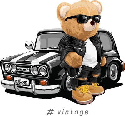 Hình minh họa gấu teddy đội kính râm, mặc áo da và quần jeans rách, đi giày boot, tựa vào một chiếc xe hơi cổ điển màu đen trắng. Nền màu xám.
