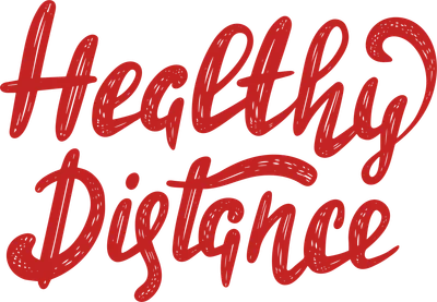 Chữ "Healthy Distance" viết tay màu đỏ trên nền xám, phong cách script.