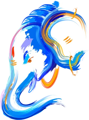 Hình ảnh thần Ganesha với nét vẽ trừu tượng, chủ đạo màu xanh dương và trắng, có điểm nhấn màu cam.