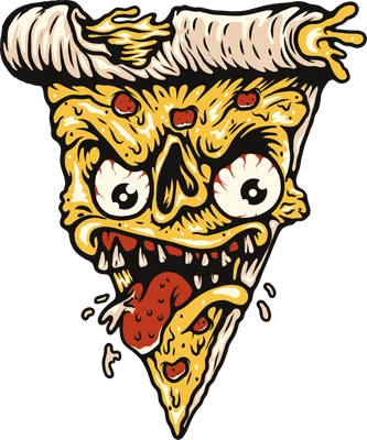 Hình ảnh miếng pizza biến thành quái vật với đôi mắt lồi, miệng há to và chiếc lưỡi đỏ thè ra.