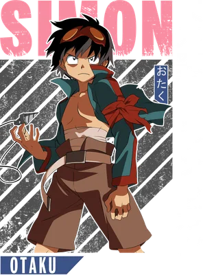 Nhân vật Simon từ anime Gurren Lagann với biểu cảm quyết tâm, cầm mũi khoan, mặc trang phục đặc trưng.