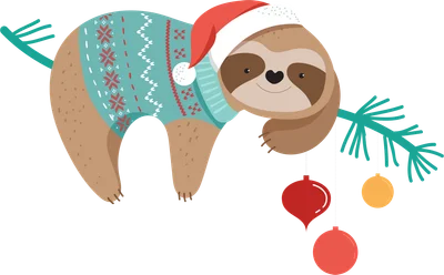 Hình ảnh minh họa chú lười biếng đeo áo len Giáng sinh, đội mũ ông già Noel, treo mình trên cành cây thông với quả châu trang trí.