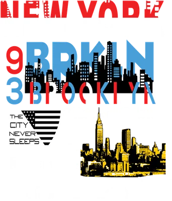 Hình in chữ New York, Brooklyn với đường chân trời thành phố, màu đỏ, trắng, xanh, đen trên nền xám.