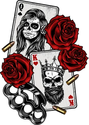 Hình ảnh minh họa Nữ thần Dia de Muertos, Vua đầu lâu đội vương miện, hoa hồng đỏ, đạn và nắm đấm sắt.