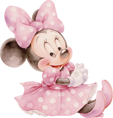 Hình ảnh Minnie Mouse hoạt hình đáng yêu, mặc váy hồng chấm bi và nơ hồng lớn, vẽ theo phong cách màu nước.
