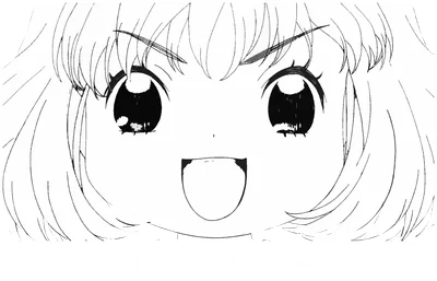 Hình vẽ cô gái anime mắt to, tóc xoăn, cười tươi, có chữ tiếng Nhật bên dưới.