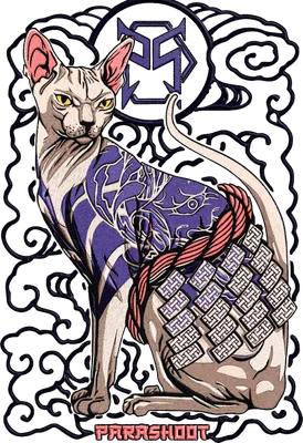 Hình ảnh mèo Sphynx đội giáp Samurai, có hình xăm hoa văn Nhật Bản, trên nền mây xám.