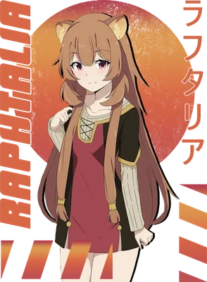 Hình ảnh nhân vật Raphtalia trong anime với đôi tai cáo, tóc nâu dài, mặc trang phục đỏ và đen, có chữ Nhật Bản.