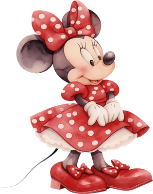 Hình ảnh Minnie Mouse hoạt hình đáng yêu trong chiếc váy đỏ chấm bi trắng và nơ cùng màu, phong cách vẽ màu nước.