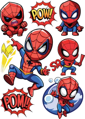 Nhiều hình ảnh chibi Spider-Man với các tư thế hành động khác nhau, có bong bóng thoại "POW!", "POM!", "SPP!".