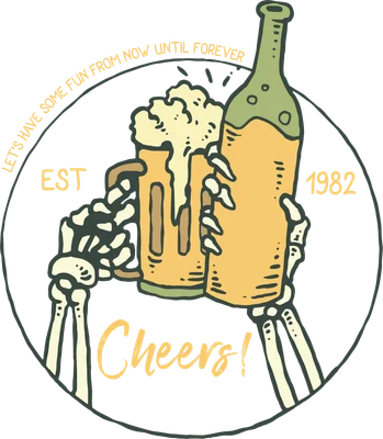 Hình minh họa hai bàn tay xương cụng ly bia và chai bia, có chữ 'Cheers!' và 'EST 1982' trên nền xám.