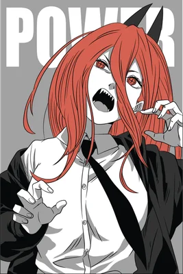 Hình ảnh nhân vật anime Power với mái tóc đỏ, tai quỷ, răng nanh và biểu cảm hung dữ, mặc áo sơ mi trắng và áo khoác đen.