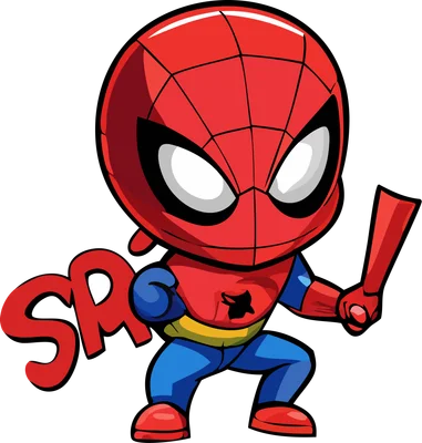 Hình ảnh Người Nhện chibi dễ thương trong trang phục đỏ xanh, tay cầm chữ SPIDEY, nền xám.