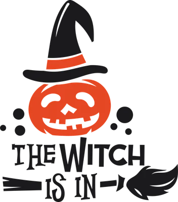 Hình ảnh minh họa bí ngô Halloween đội mũ phù thủy màu đen, có dòng chữ 'The Witch Is In' và chổi phù thủy.