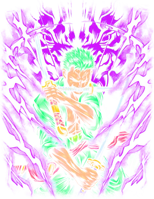 Hình ảnh Roronoa Zoro từ One Piece, đang ngậm kiếm và chuẩn bị tấn công, với hiệu ứng năng lượng màu tím bao quanh.
