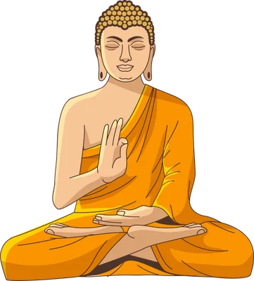 Hình ảnh minh họa Đức Phật Thích Ca ngồi thiền trong tư thế hoa sen, mặc áo choàng màu vàng cam, mắt nhắm, biểu cảm thanh tịnh.
