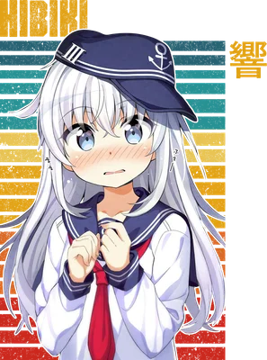 Hình ảnh cô gái anime tóc bạc dài, mặc đồng phục thủy thủ, đội mũ, má hồng, biểu cảm bối rối.