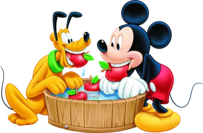 Mickey Mouse và chú chó Pluto vui vẻ cắn táo trong thùng nước, biểu cảm hạnh phúc và tinh nghịch.