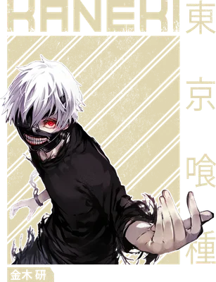 Hình minh họa Kaneki Ken từ Tokyo Ghoul với mái tóc trắng, đeo mặt nạ và đôi mắt đỏ rực.