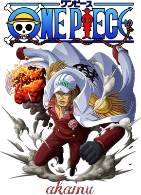 Nhân vật Akainu trong One Piece, mặc quân phục hải quân, tay bốc lửa, tạo dáng mạnh mẽ.