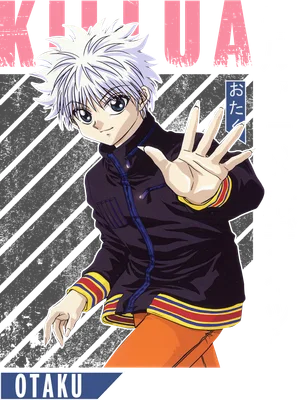 Hình vẽ chibi nhân vật Killua Zoldyck từ anime Hunter x Hunter, tóc trắng, mặc áo đen viền màu, quần cam, giơ tay ra phía trước.