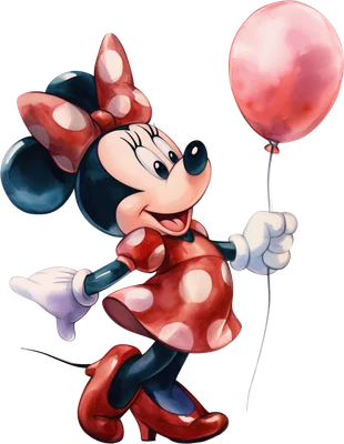 Minnie Mouse hoạt hình mặc váy chấm bi đỏ, đeo nơ đỏ, vui vẻ dạo bước và cầm một quả bong bóng hồng.