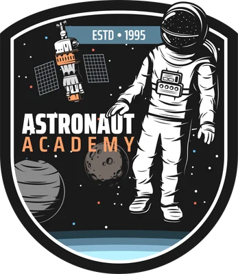 Huy hiệu hình khiên đen với phi hành gia, vệ tinh, hành tinh và chữ 'ASTRONAUT ACADEMY ESTD • 1995' trong không gian.