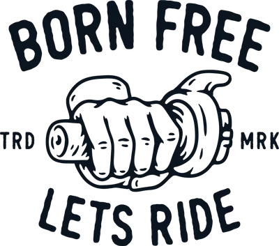 Hình in chuyển nhiệt tay người cầm tay lái xe máy, có chữ "BORN FREE LETS RIDE"