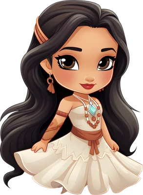 Hình minh họa chibi của công chúa Pocahontas với mái tóc đen dài, váy trắng và phụ kiện thổ dân, trên nền xám.