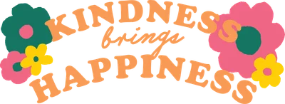 Hình ảnh chữ 'KINDNESS brings HAPPINESS' màu cam với hoa lá màu hồng, xanh, vàng phong cách retro trên nền xám.