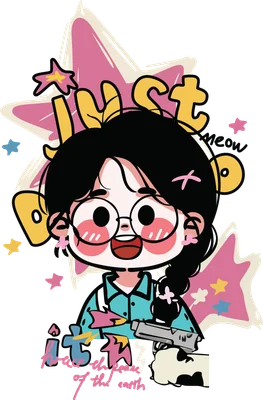 Hình vẽ chibi cô gái đeo kính, tóc bím, má hồng, cầm súng đồ chơi, xung quanh có sao và chữ 'Just meow'