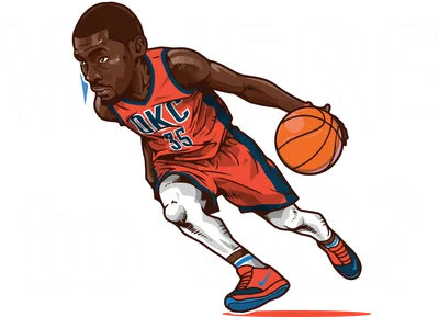 Hình vẽ chibi Kevin Durant đang chơi bóng rổ với trang phục OKC số 35, có chữ 'WHERE to GO?'