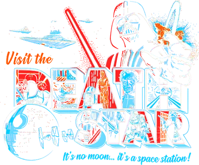 Hình ảnh Darth Vader cầm lightsaber đỏ, chữ "DEATH STAR" với các nhân vật Star Wars bên trong, và Death Star.