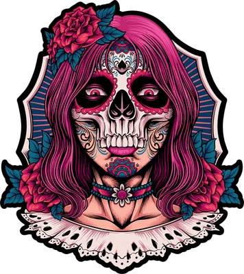 Hình ảnh cô gái trang điểm theo phong cách Sugar Skull, tóc hồng, hoa hồng đỏ, cổ áo ren.