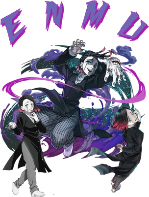 Hình ảnh nhân vật Enmu từ anime Kimetsu no Yaiba với ba phiên bản khác nhau, có chữ 'ENMU' phía trên.