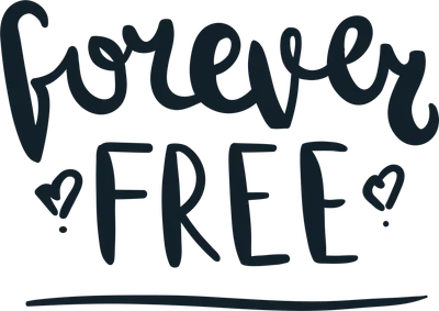 Hình ảnh chữ "Forever Free" viết tay với hai trái tim nhỏ xinh ở hai bên, màu xanh đậm trên nền xám.