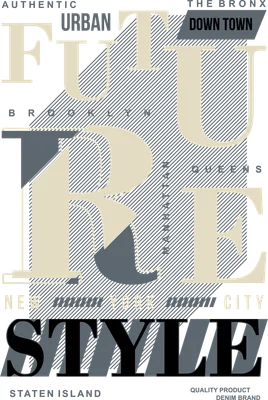 Thiết kế typography chữ FUTURE STYLE với các từ khóa đô thị New York trên nền xám.