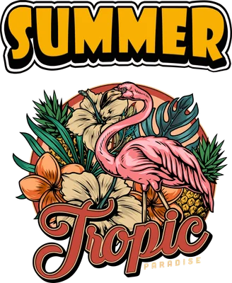 Hình ảnh minh họa hồng hạc màu hồng đứng giữa hoa nhiệt đới và lá cây, có chữ "Summer" và "Tropic Paradise"