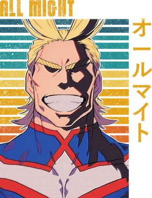 Hình ảnh All Might, nhân vật anime nổi tiếng, với nụ cười tự tin và trang phục anh hùng đặc trưng.